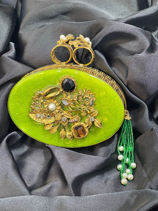 Lime Green Horizontal Oval Clutch with Intricate Metal Craft