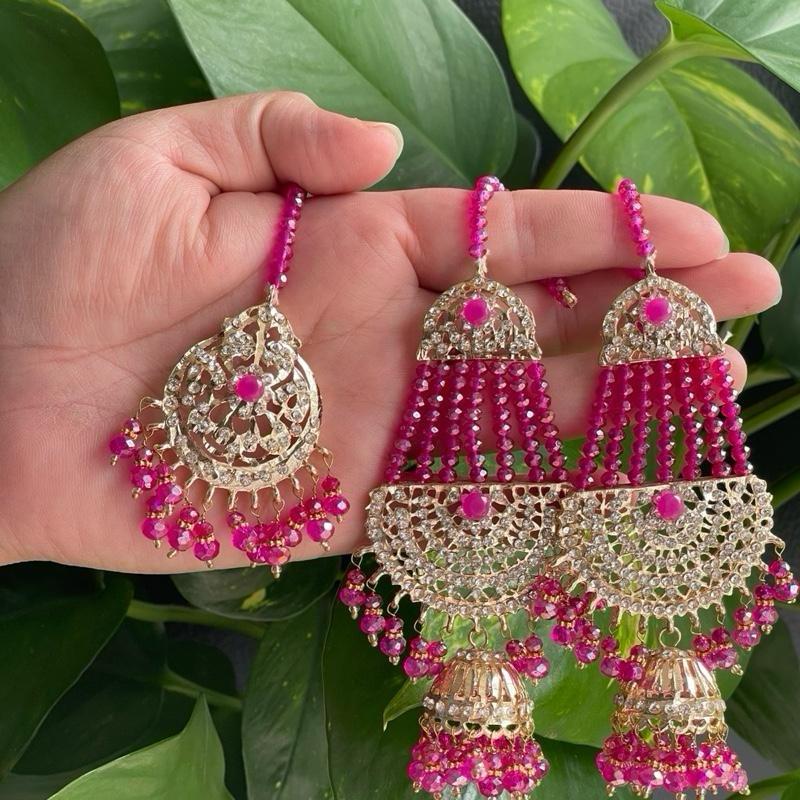 Luxury Pakistani Wedding Jhumar & Earring Set | Gold-Tone with Beaded Detailing