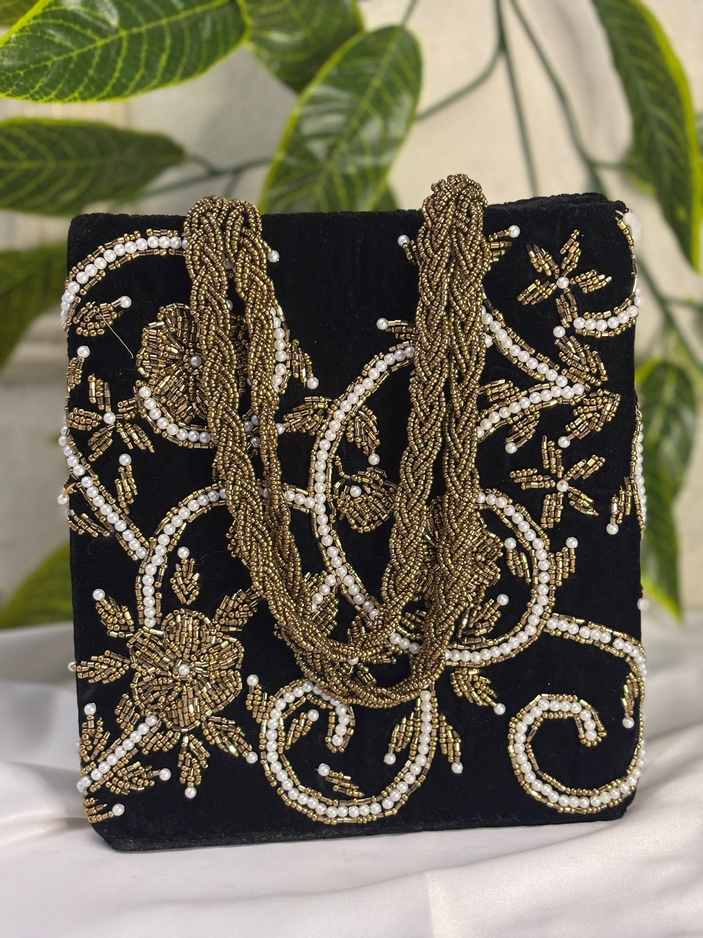 Designer Velvet Beaded Mini Bag | All-Over Pearl & Beadwork | Hand-Crafted Double Handle Bag
