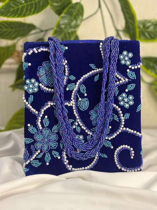 Designer Velvet Beaded Mini Bag | All-Over Pearl & Beadwork | Hand-Crafted Double Handle Bag