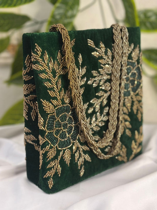 Emerald Velvet Clutch | Hand-Embroidered Gold Leaf & Sequin Work