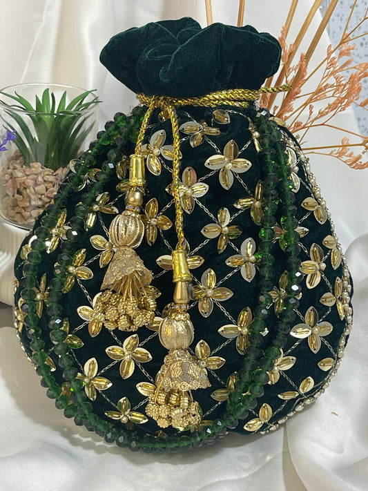 Velvet Classic Green & Black Potli Bags with Embroidery and Tassels