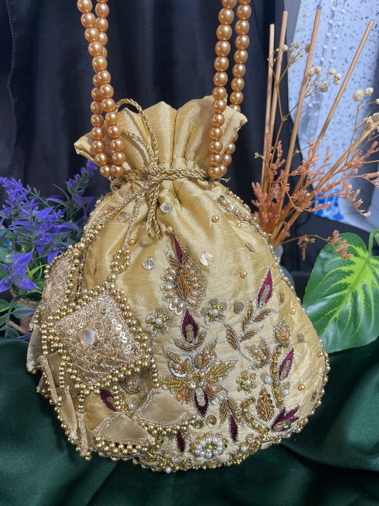 ✨ Embroidered Raw Silk Potli Bags – Square & Round with Golden Tassels