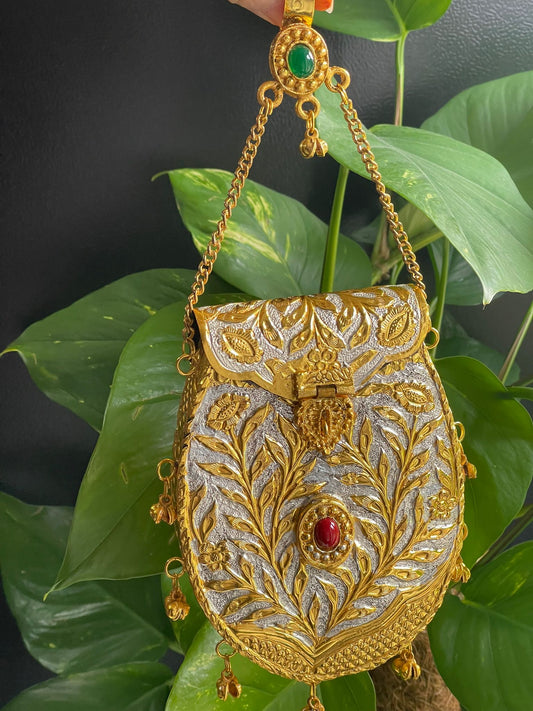 Antique Metal Clutch with Faux Stone Embellishments & Chain Hook