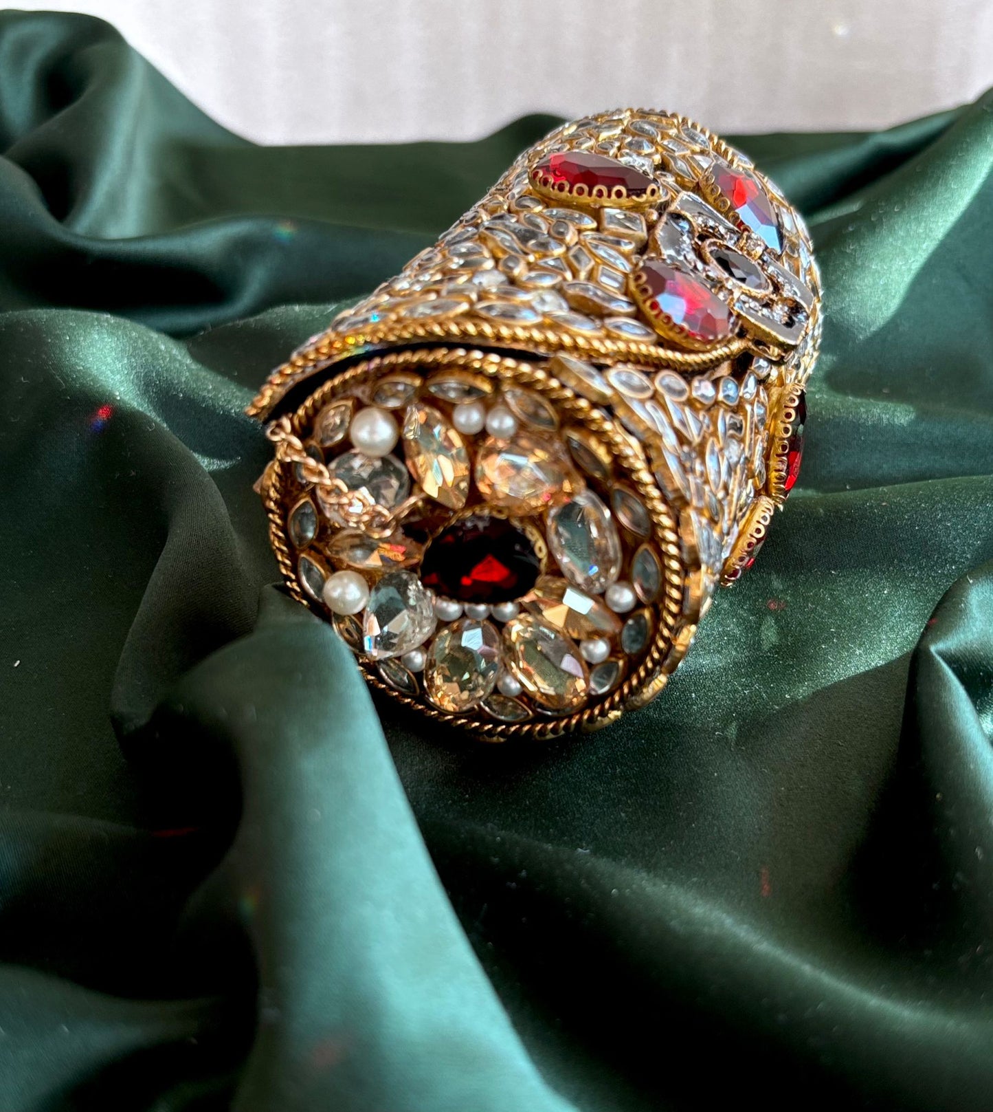 Cylindrical Metal Clutch with Kundan & Rhinestone Embellishments