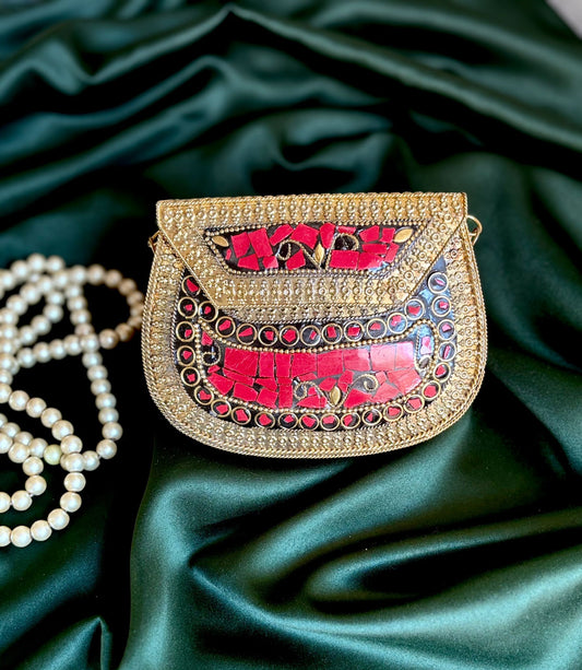 Antique Afghan Metal Clutch with Mosaic Design – Designer Handbag with Chain