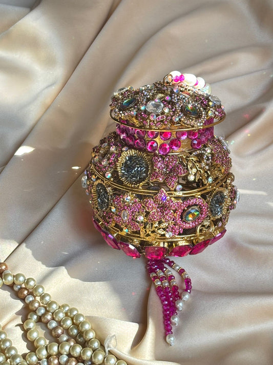 Turkish Potli Bag in Pinkish Gold – Rhinestone Embellished with Beaded Tassel & Handle