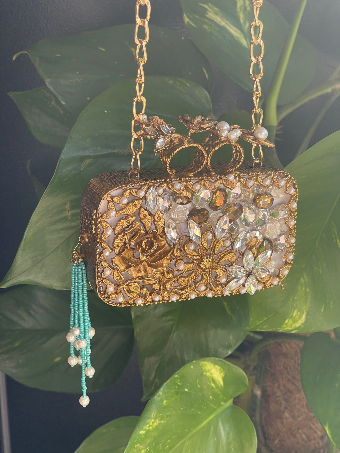 Dark Brown Horizontal Square Clutch with Sparkling Stone Embellishments