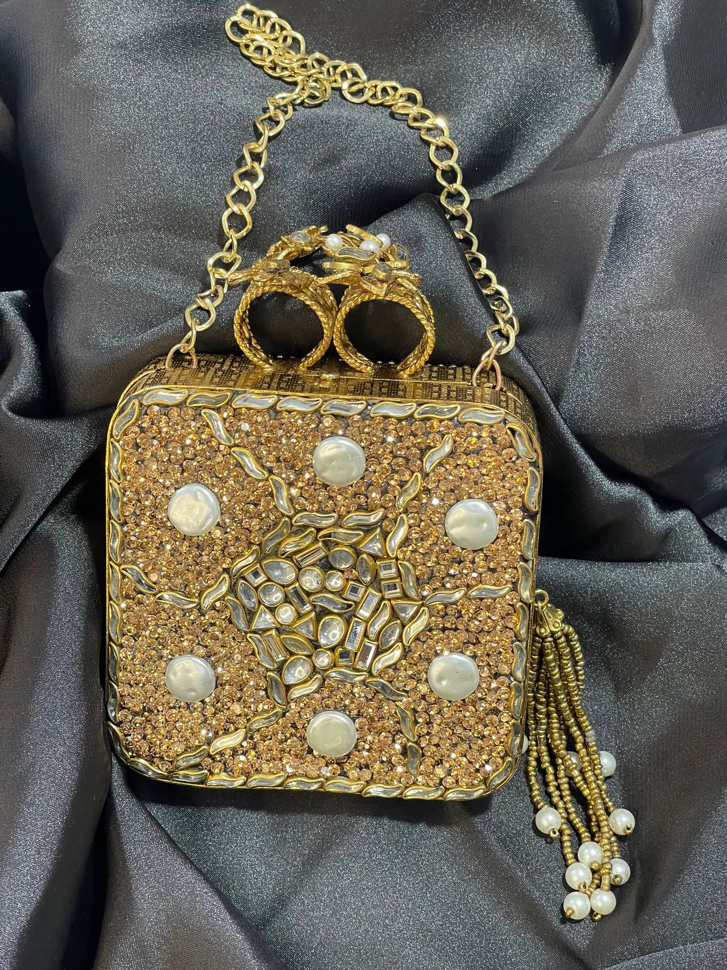 Turkish Champagne Gold Clutch with Kundan