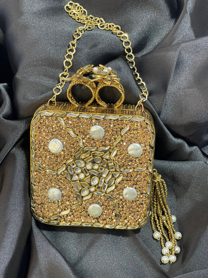 Turkish Champagne Gold Clutch with Kundan
