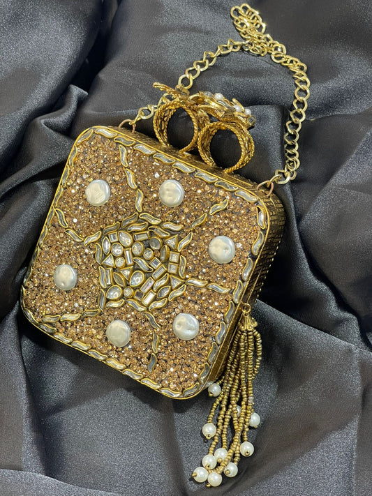Turkish Champagne Gold Clutch with Kundan