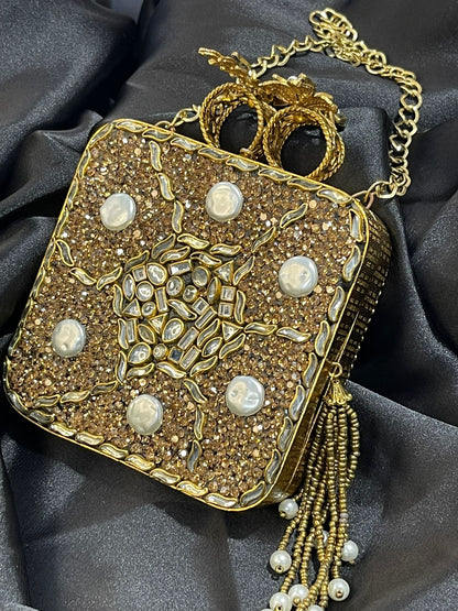 Turkish Champagne Gold Clutch with Kundan