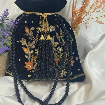 Velvet Motif Potli Bags – Classic Green & Black with Embroidery and Tassels