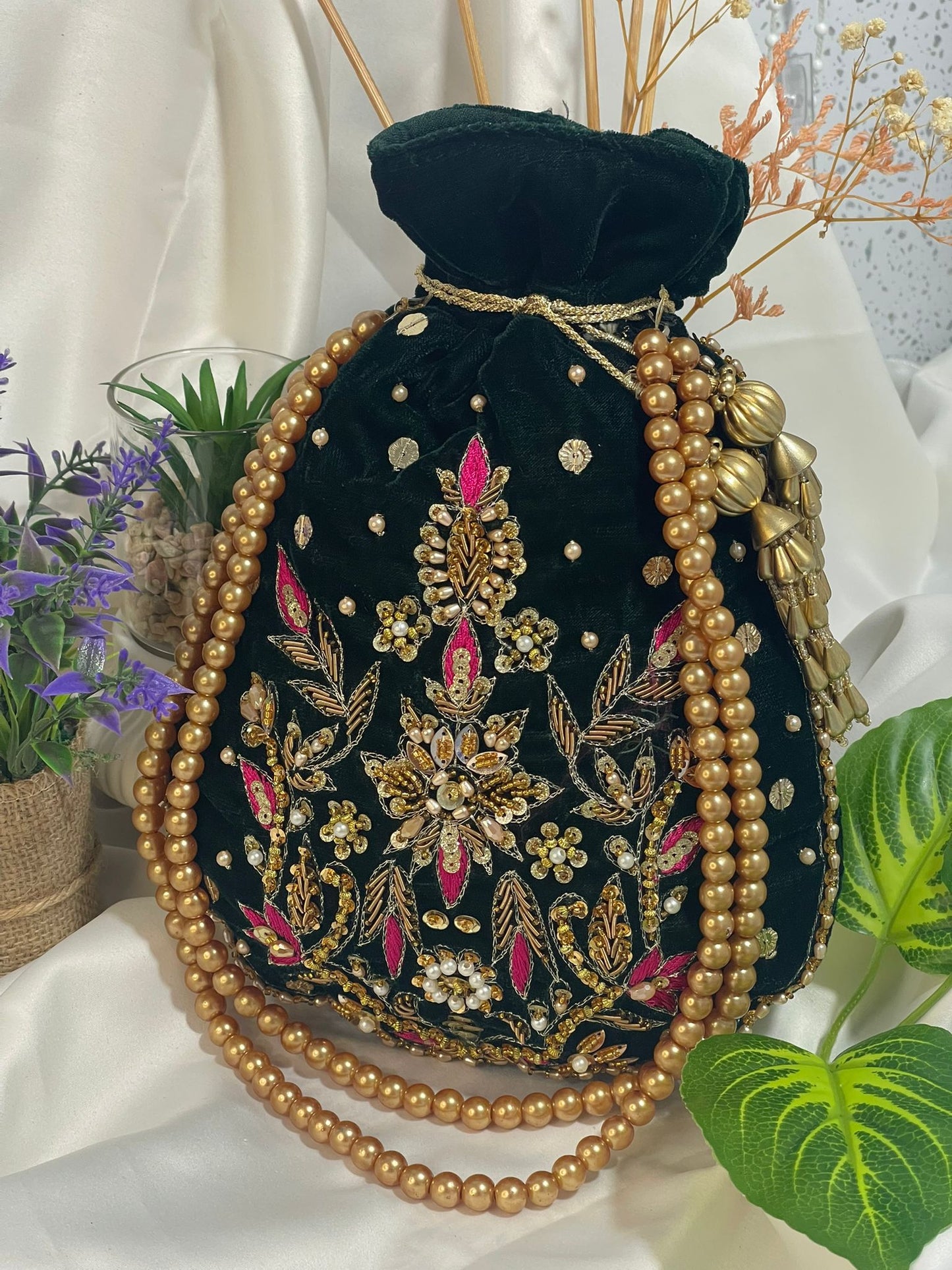 Velvet Motif Potli Bags – Classic Green & Black with Embroidery and Tassels