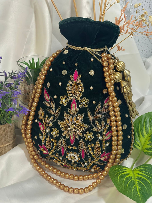 Velvet Motif Potli Bags – Classic Green & Black with Embroidery and Tassels