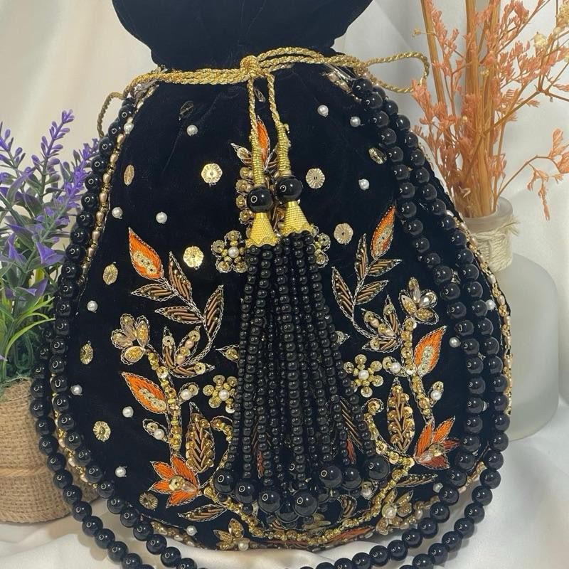 Velvet Motif Potli Bags – Classic Green & Black with Embroidery and Tassels