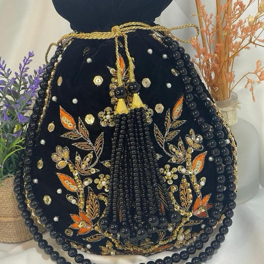 Velvet Motif Potli Bags – Classic Green & Black with Embroidery and Tassels