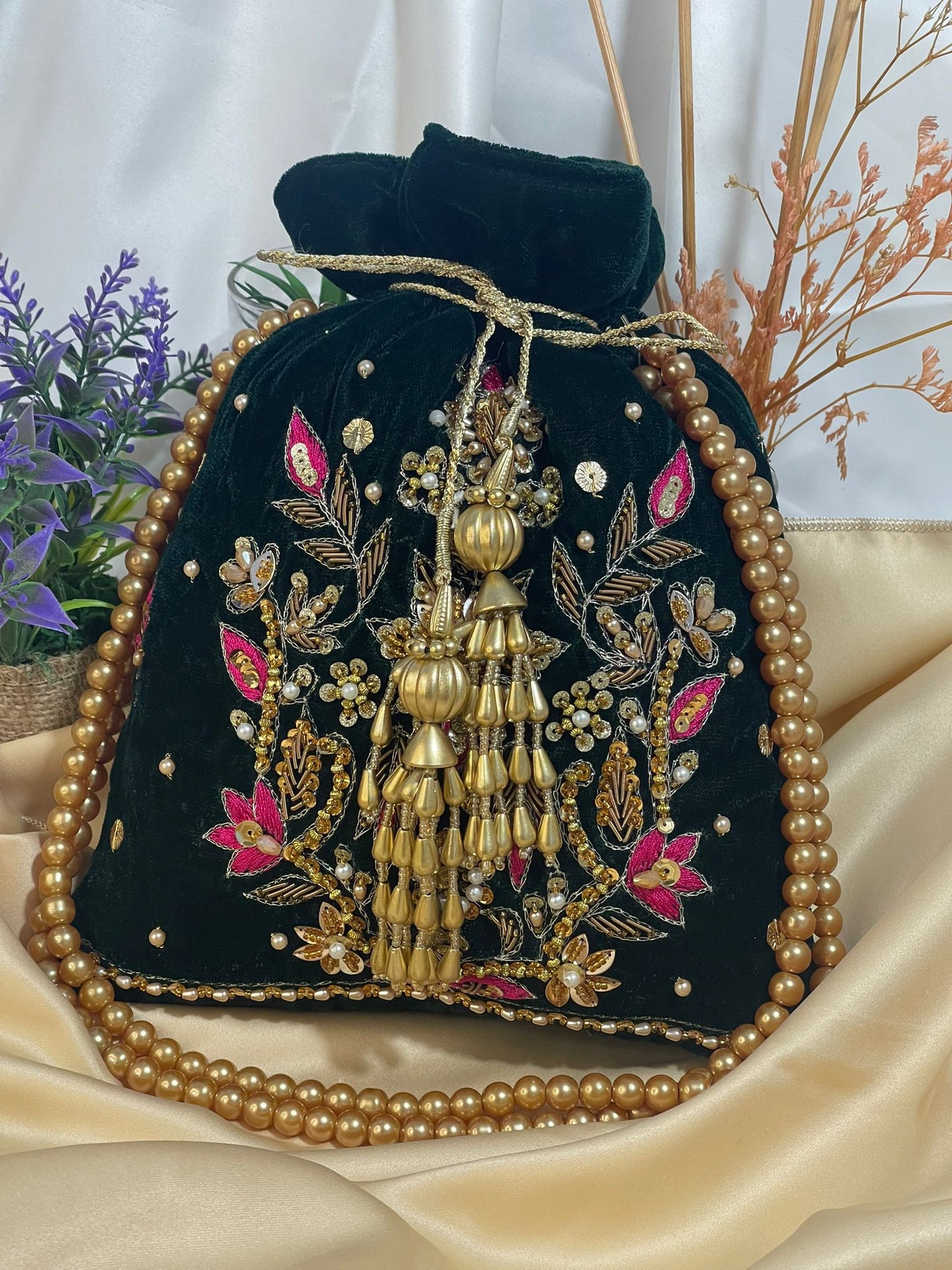 Velvet Motif Potli Bags – Classic Green & Black with Embroidery and Tassels
