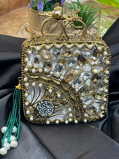 Turkish Champagne Gold Clutch with Kundan