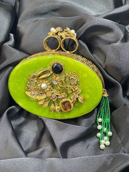 Lime Green Horizontal Oval Clutch with Intricate Metal Craft