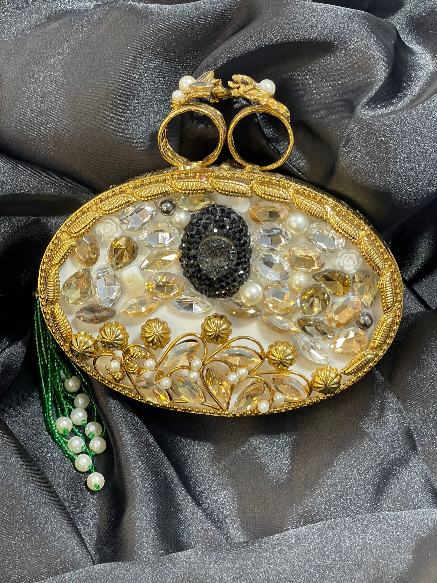 Lime Green Horizontal Oval Clutch with Intricate Metal Craft