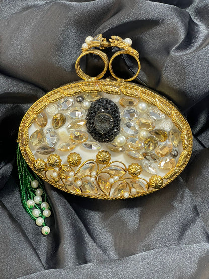 Lime Green Horizontal Oval Clutch with Intricate Metal Craft