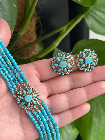 Turquoise Floral Choker Set with Matching Stud Earrings