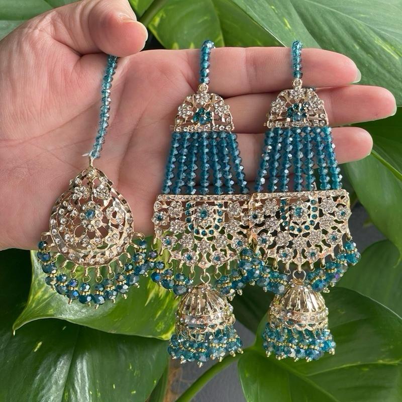 Luxury Pakistani Wedding Jhumar & Earring Set | Gold-Tone with Beaded Detailing