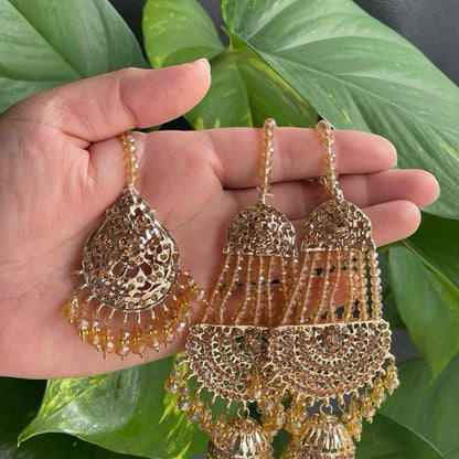 Luxury Pakistani Wedding Jhumar & Earring Set | Gold-Tone with Beaded Detailing