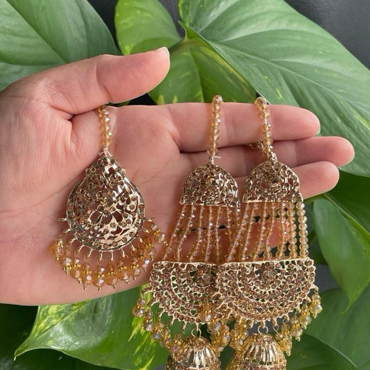 Luxury Pakistani Wedding Jhumar & Earring Set | Gold-Tone with Beaded Detailing