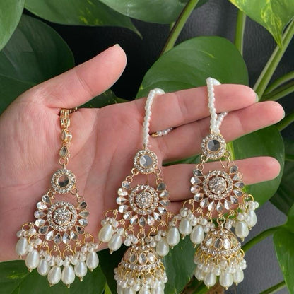 Elegant Pakistani Bridal Jhumar & Earring Set | Mirror Work & Pearl Beaded Design