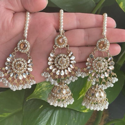 Elegant Pakistani Bridal Jhumar & Earring Set | Mirror Work & Pearl Beaded Design