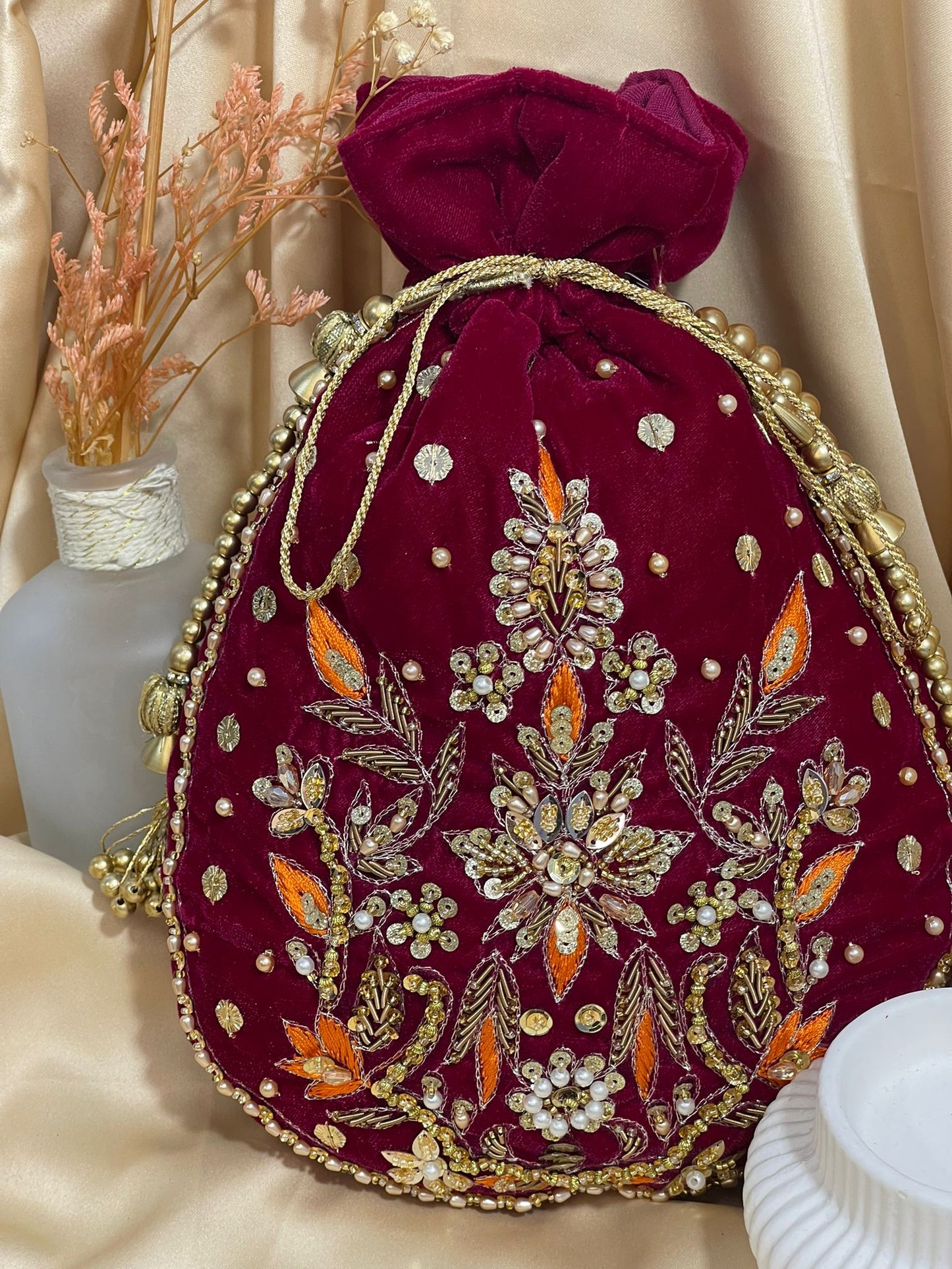 New Velvet Potli Bag Design | Elegant Gota or Beaded Work for Special Occasions