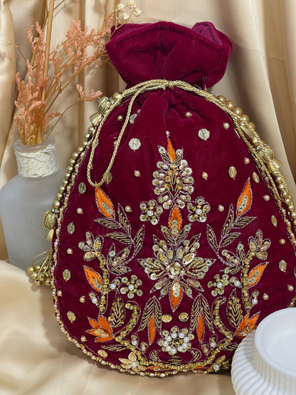 New Velvet Potli Bag Design | Elegant Gota or Beaded Work for Special Occasions