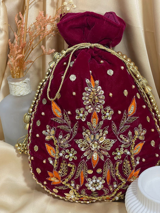 New Velvet Potli Bag Design | Elegant Gota or Beaded Work for Special Occasions