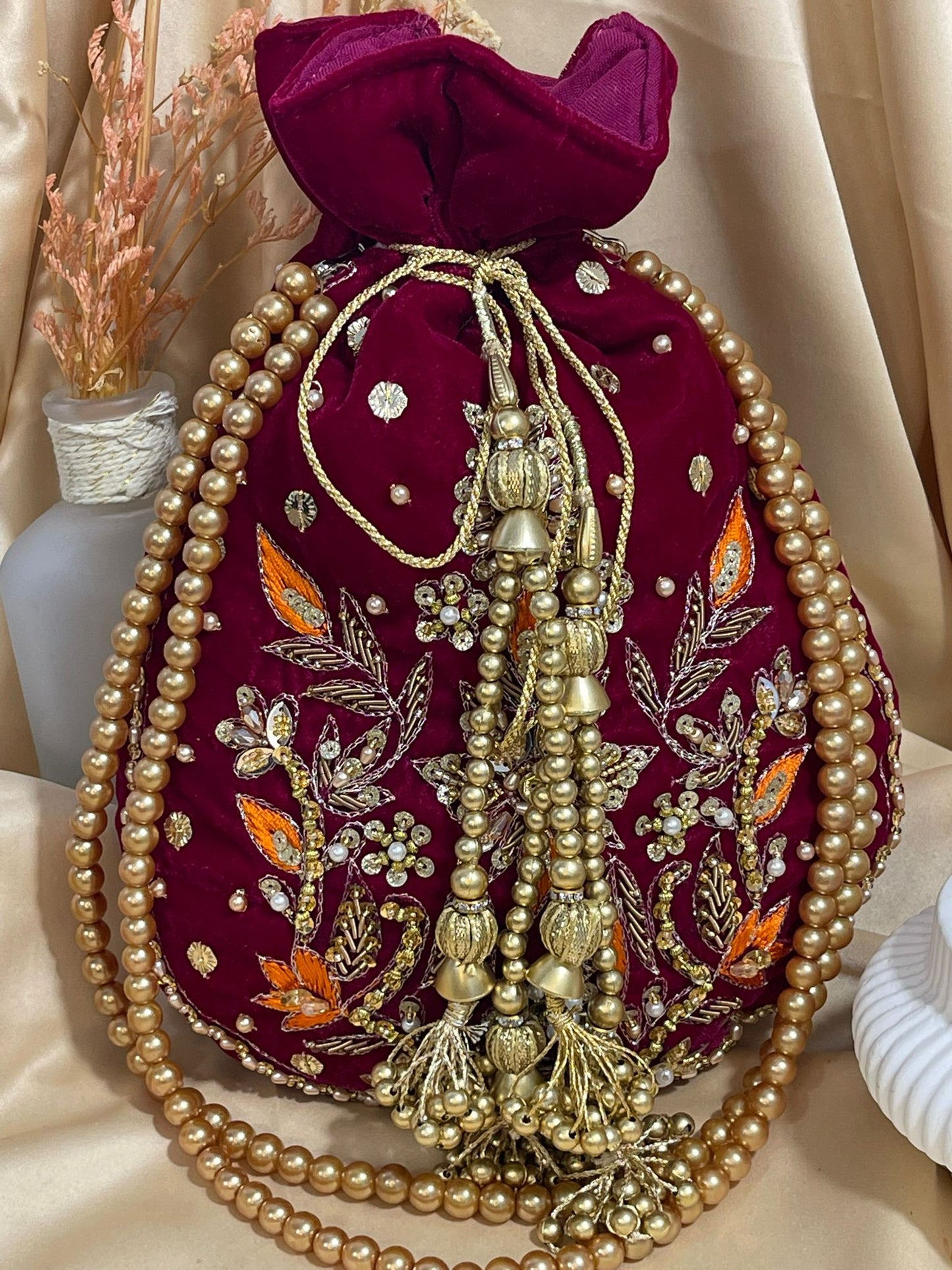 New Velvet Potli Bag Design | Elegant Gota or Beaded Work for Special Occasions