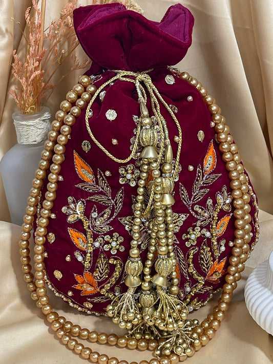 New Velvet Potli Bag Design | Elegant Gota or Beaded Work for Special Occasions