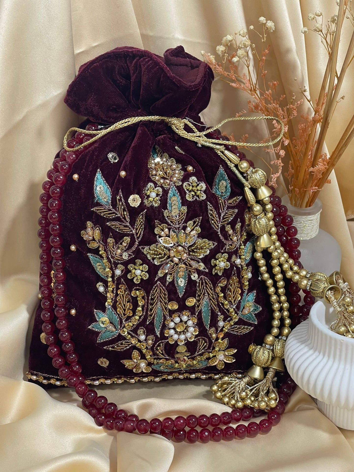 New Designer Velvet Potli Bag | Heavy Embroidery & Beaded Handle