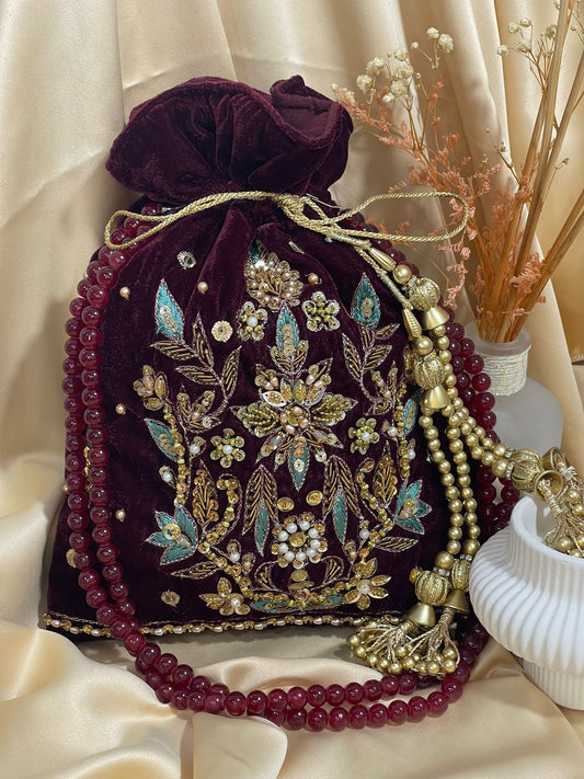 New Designer Velvet Potli Bag | Heavy Embroidery & Beaded Handle