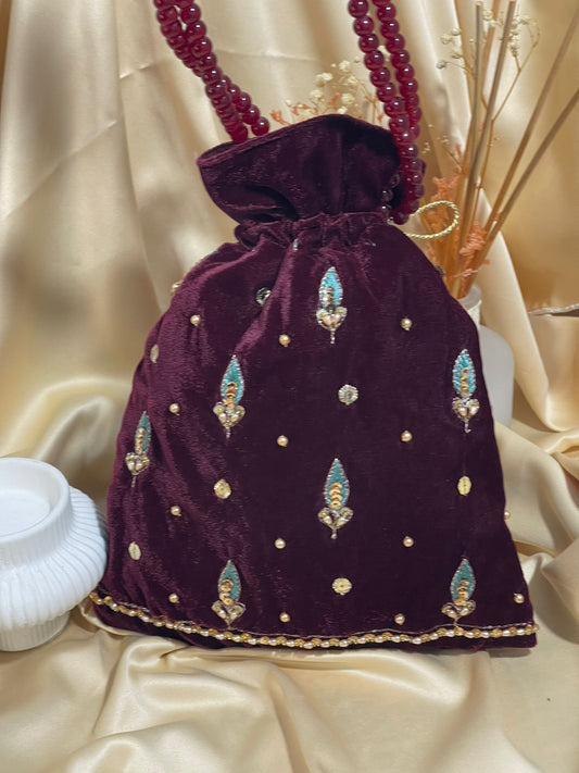 New Designer Velvet Potli Bag | Heavy Embroidery & Beaded Handle