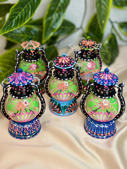 Radiant Bloom Hand-Painted Lantern – Wireless Boho Accent Light