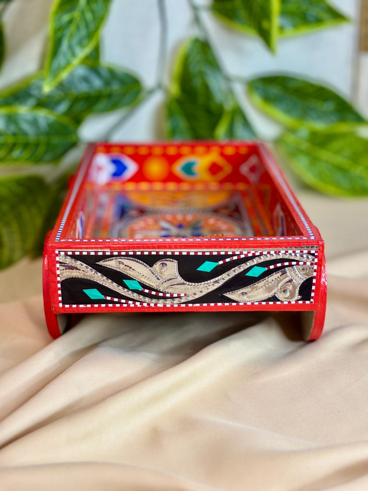 Chamak Patti Truck Art Wheel Cart Tray | Reflective Hand-Painted Serving Platter
