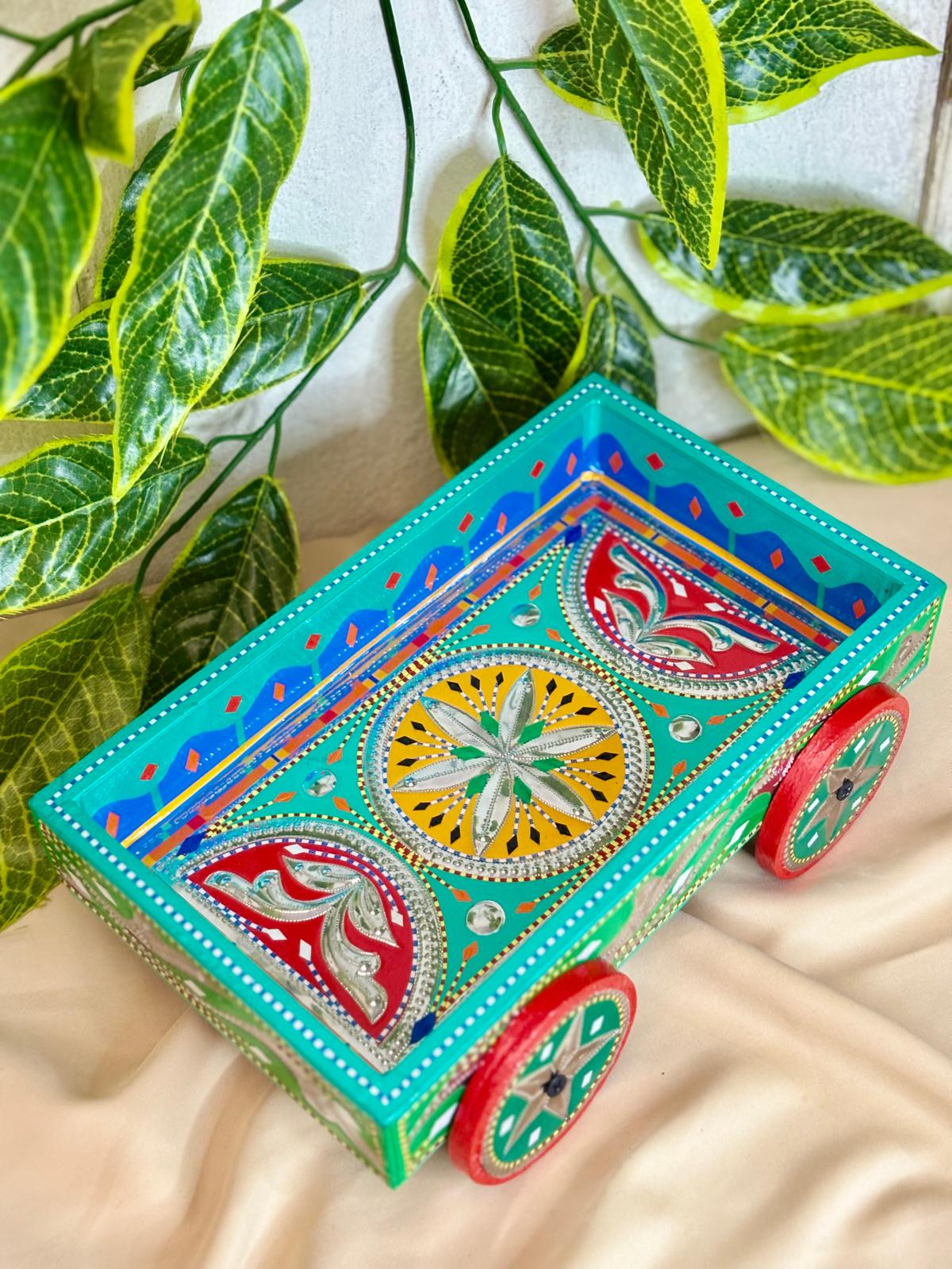 Chamak Patti Truck Art Wheel Cart Tray | Reflective Hand-Painted Serving Platter