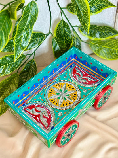 Chamak Patti Truck Art Wheel Cart Tray | Reflective Hand-Painted Serving Platter