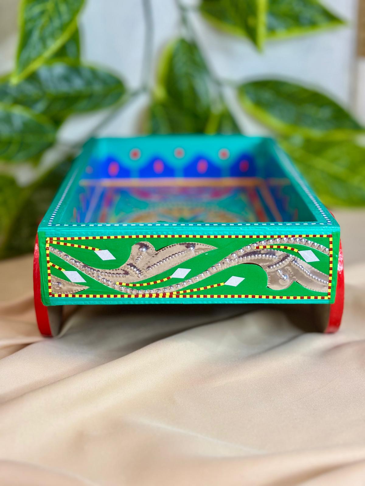 Chamak Patti Truck Art Wheel Cart Tray | Reflective Hand-Painted Serving Platter