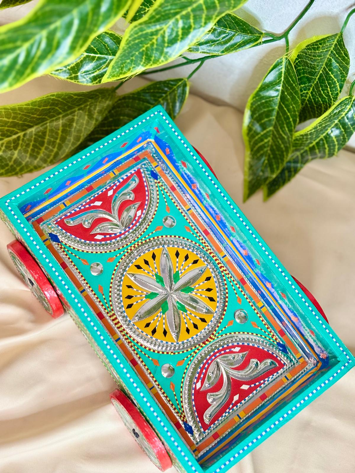 Chamak Patti Truck Art Wheel Cart Tray | Reflective Hand-Painted Serving Platter