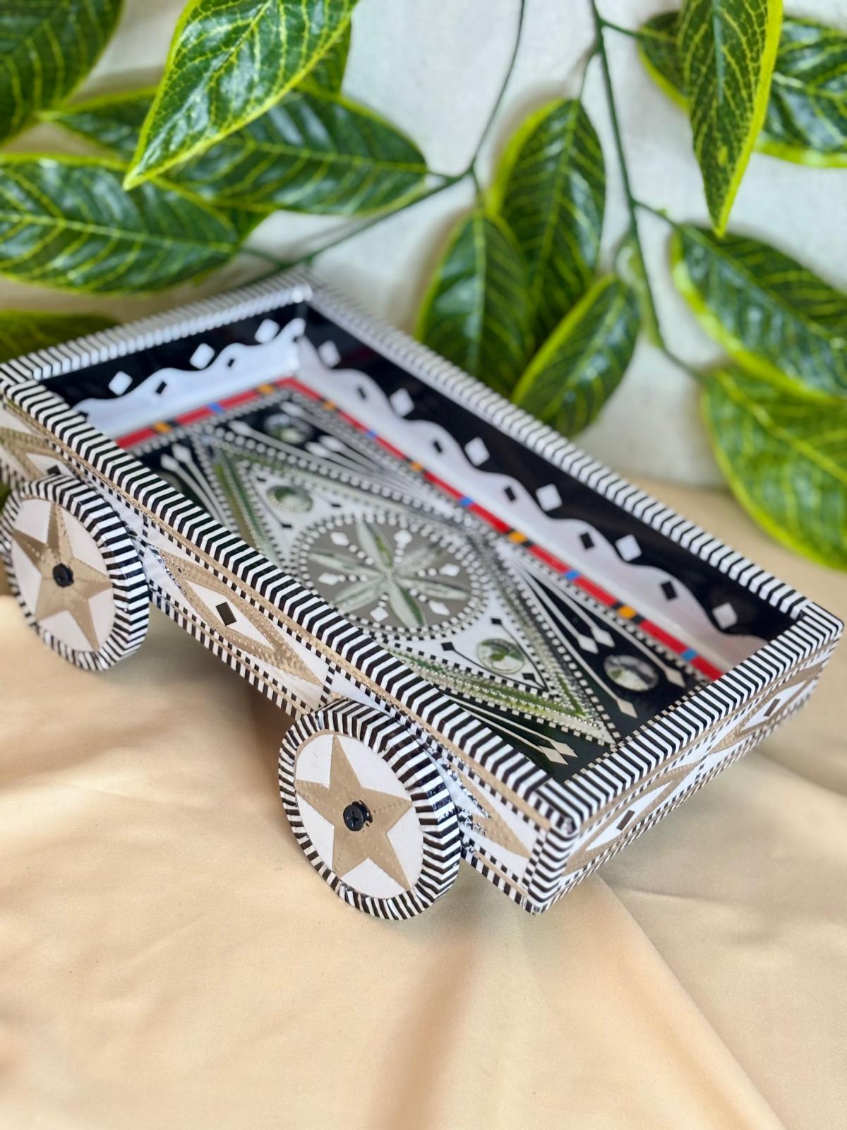 Chamak Patti Truck Art Wheel Cart Tray | Reflective Hand-Painted Serving Platter