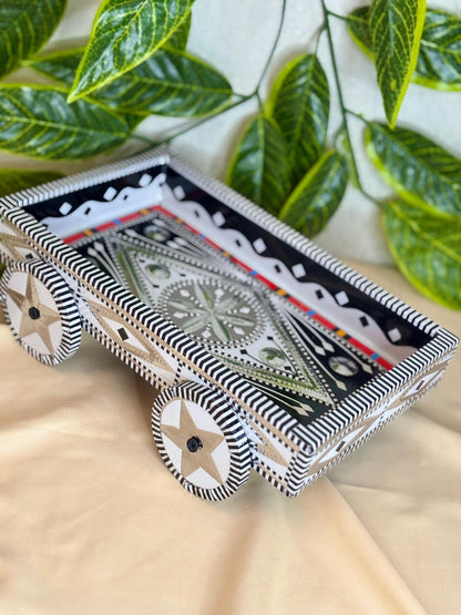 Chamak Patti Truck Art Wheel Cart Tray | Reflective Hand-Painted Serving Platter