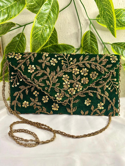 Hand-Embroidered Emerald Velvet Clutch – All-Over Gold Bead & Sequin Work