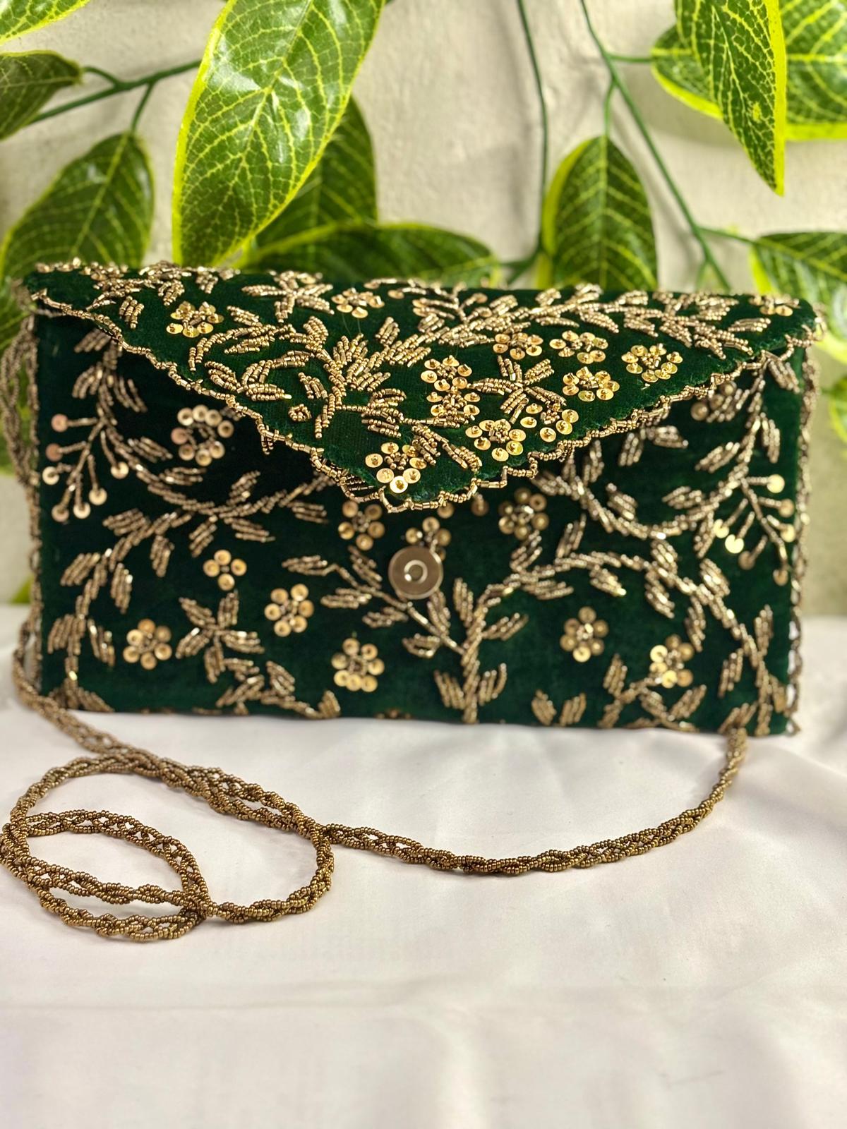 Hand-Embroidered Emerald Velvet Clutch – All-Over Gold Bead & Sequin Work
